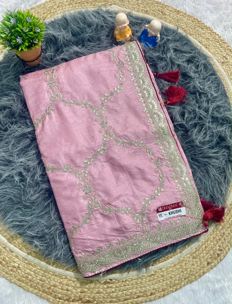 VL-KHUSHI CREP FABRIC SAREE WITH EMBROIDERY WORK WITH THREAD WORK WITH LATKAN AND BLOUSE