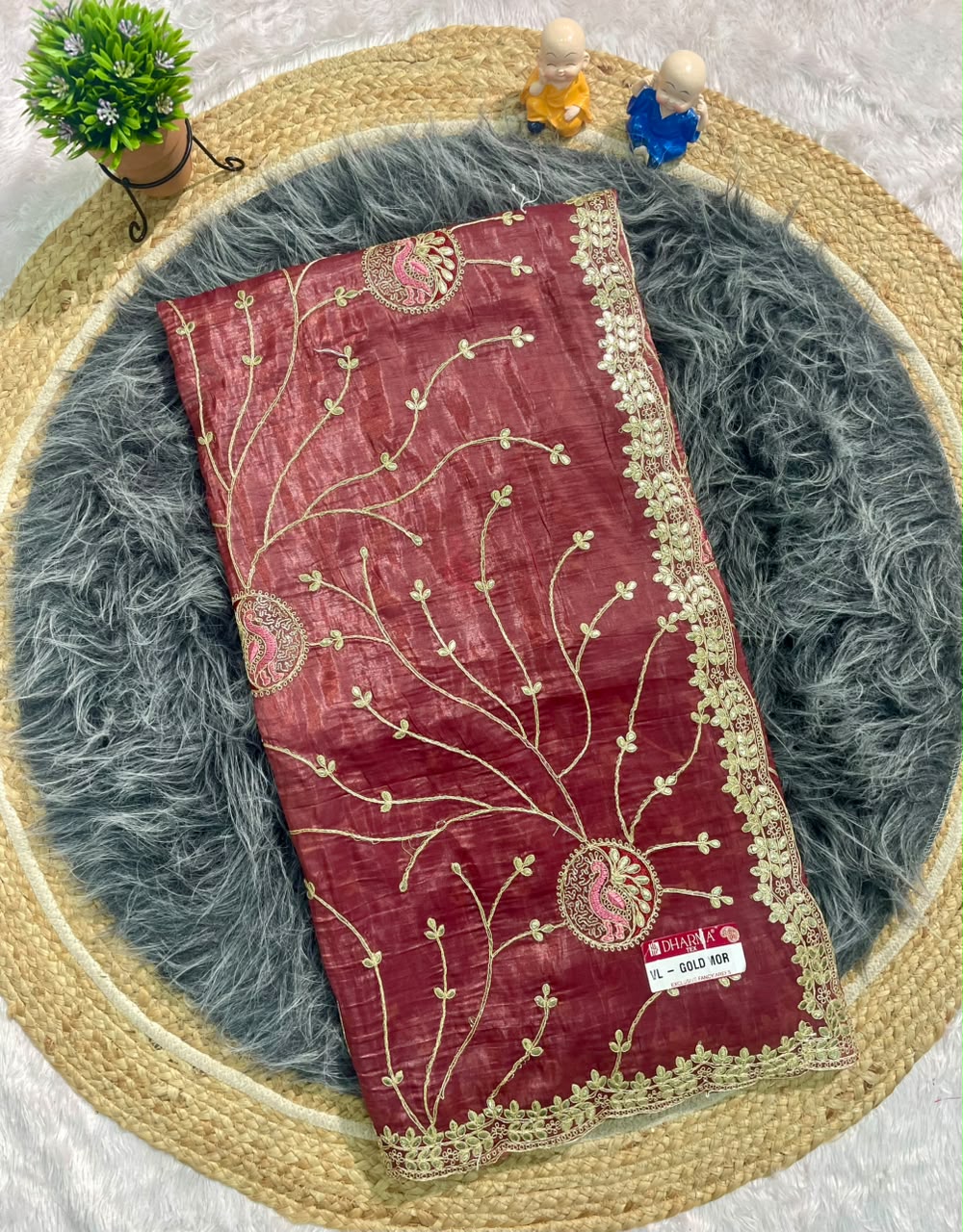 VL-GOLD MOR CREPE CRUSH SAREE WITH GOTAPATI WORK WITH CODING AND THREAD WORK WITH HEAVY JHAL WORK WITH WORK BLOUSE