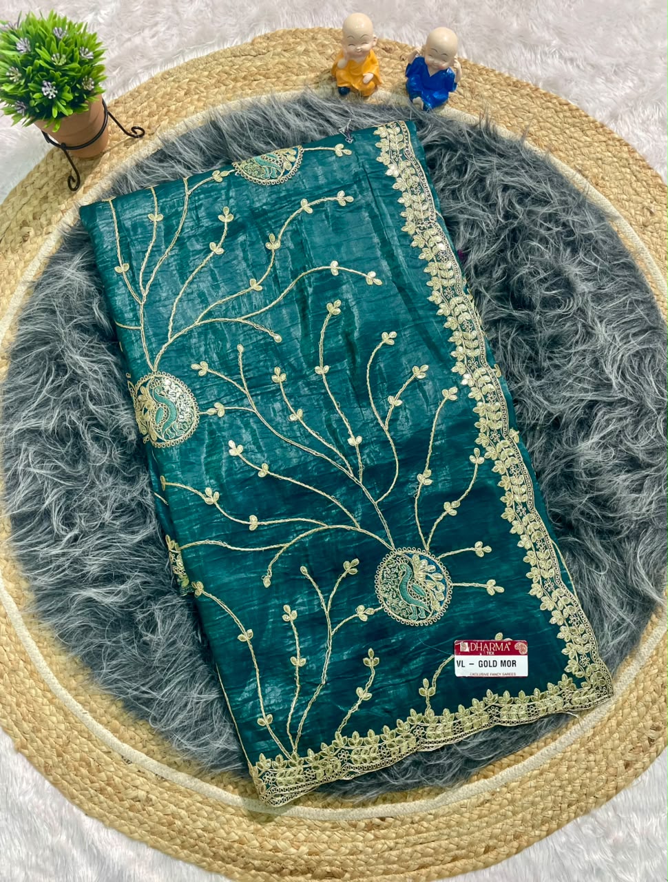 VL-GOLD MOR CREPE CRUSH SAREE WITH GOTAPATI WORK WITH CODING AND THREAD WORK WITH HEAVY JHAL WORK WITH WORK BLOUSE