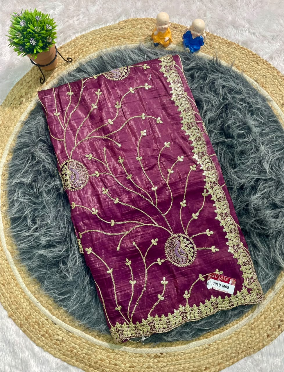VL-GOLD MOR CREPE CRUSH SAREE WITH GOTAPATI WORK WITH CODING AND THREAD WORK WITH HEAVY JHAL WORK WITH WORK BLOUSE