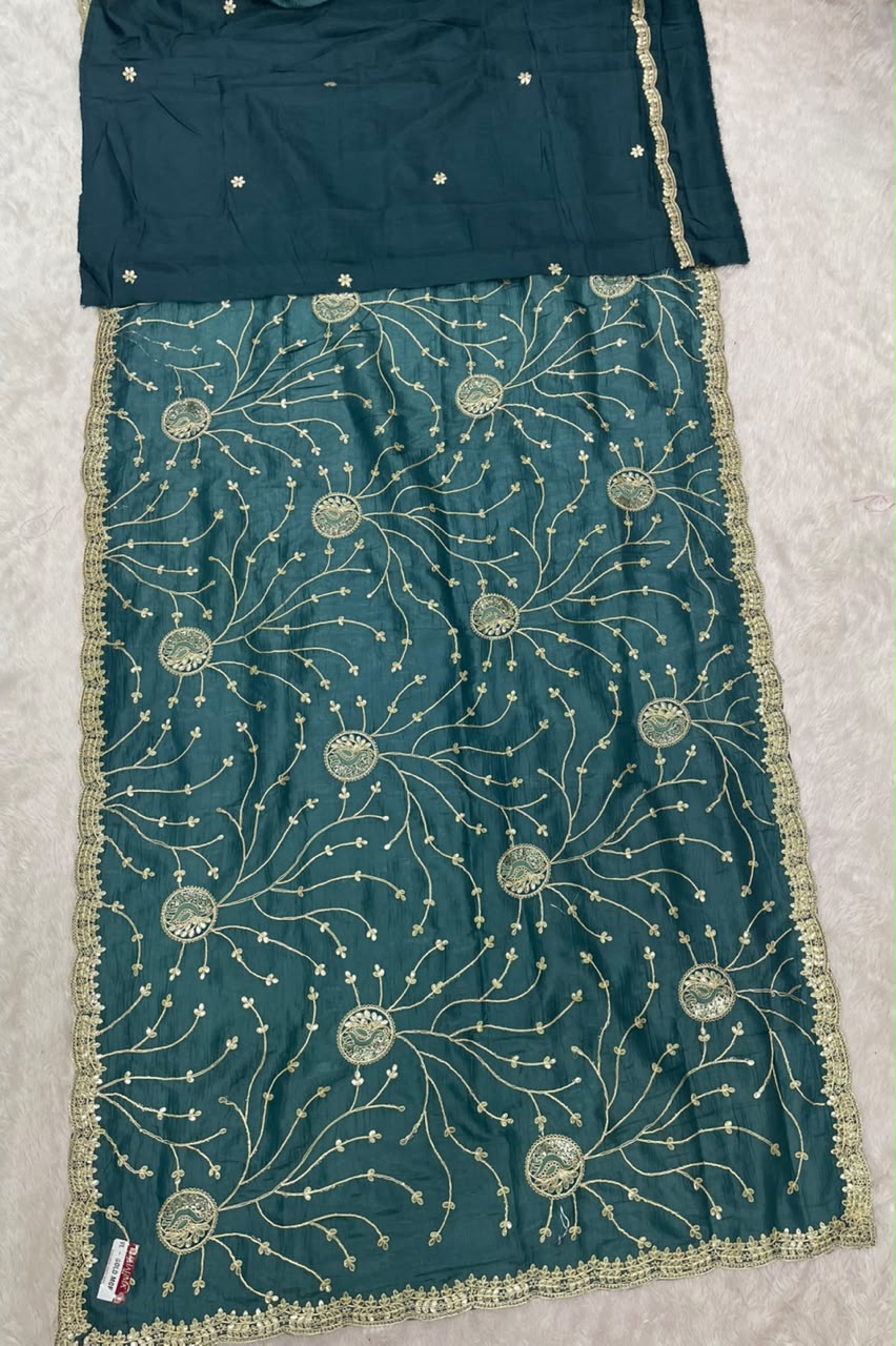 VL-GOLD MOR CREPE CRUSH SAREE WITH GOTAPATI WORK WITH CODING AND THREAD WORK WITH HEAVY JHAL WORK WITH WORK BLOUSE