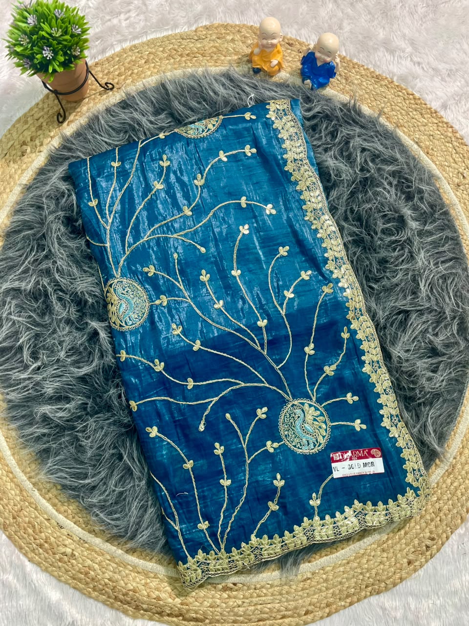 VL-GOLD MOR CREPE CRUSH SAREE WITH GOTAPATI WORK WITH CODING AND THREAD WORK WITH HEAVY JHAL WORK WITH WORK BLOUSE