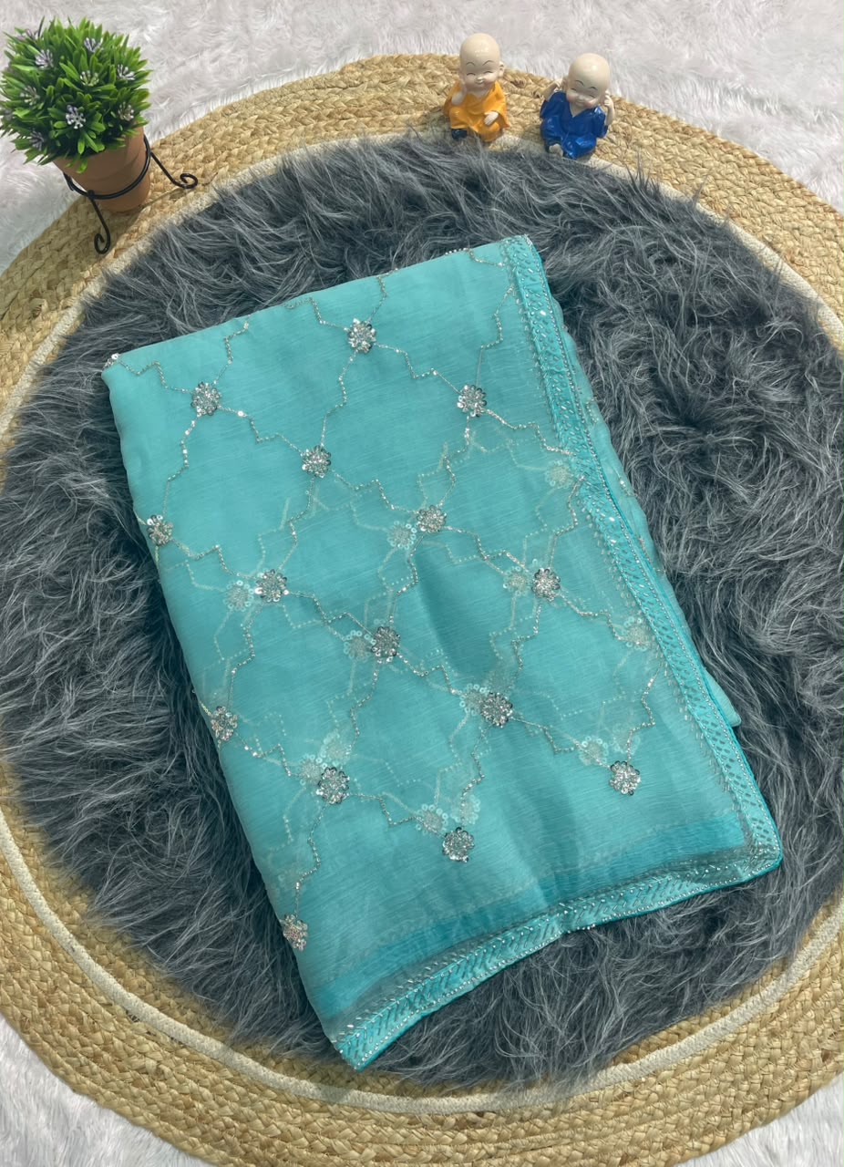 VL-NAITRA FANCY FABRIC SAREE WITH BEAUTIFUL DESIGN WITH BEADS WORK WITH SEQUENCE WORK WITH HEAVY BLOUSE