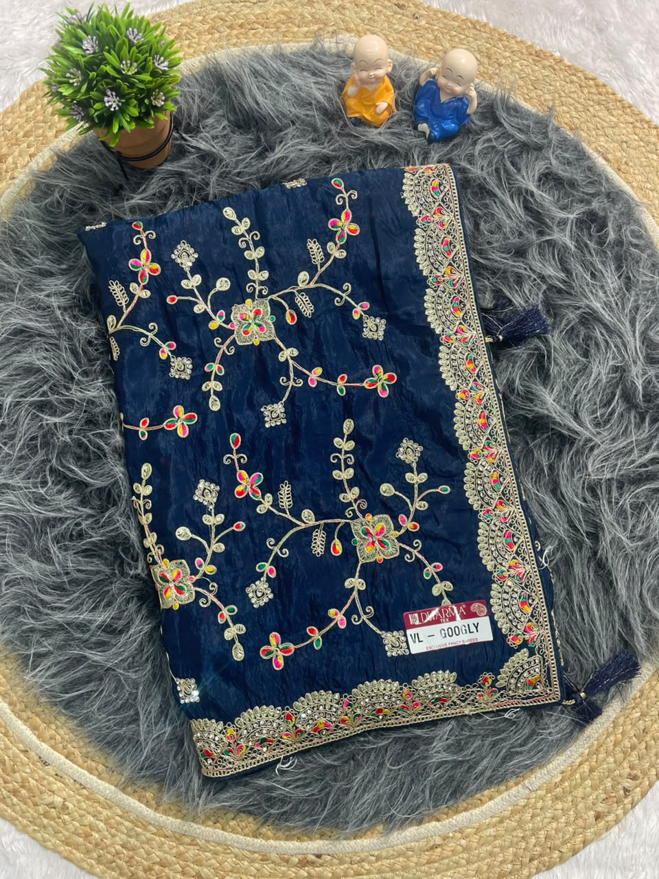 VL-GOOGLY HO SILK FABRIC SAREE WITH HEAVY EMBROIDERY WORK WITH JHAL DESIGN WITH DIAMOND WORK AND HEAVY BLOUSE