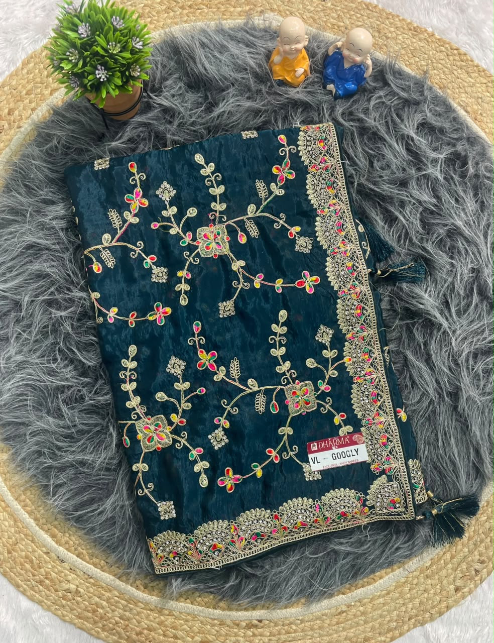 VL-GOOGLY HO SILK FABRIC SAREE WITH HEAVY EMBROIDERY WORK WITH JHAL DESIGN WITH DIAMOND WORK AND HEAVY BLOUSE