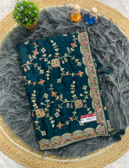 VL-GOOGLY HO SILK FABRIC SAREE WITH HEAVY EMBROIDERY WORK WITH JHAL DESIGN WITH DIAMOND WORK AND HEAVY BLOUSE
