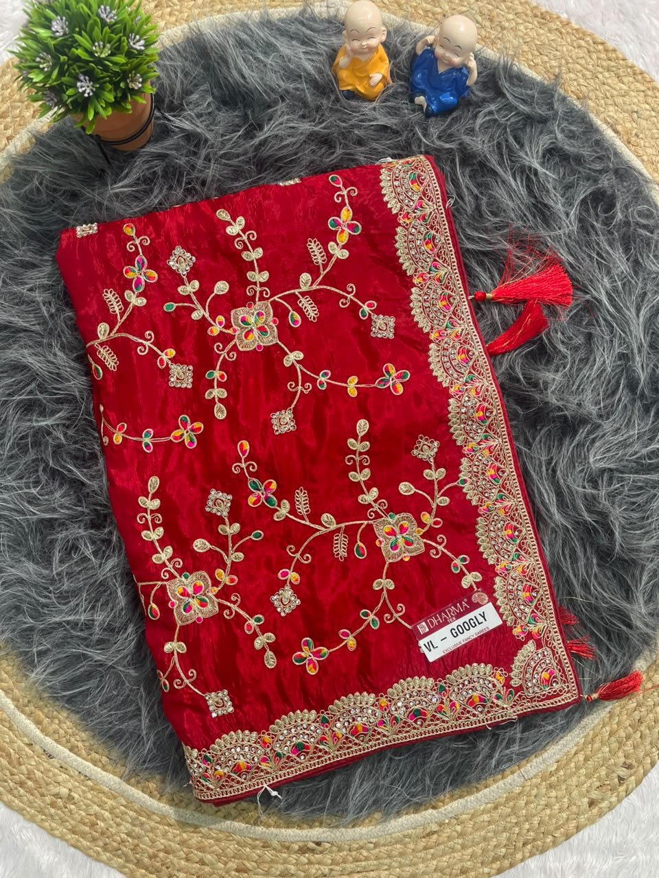 VL-GOOGLY HO SILK FABRIC SAREE WITH HEAVY EMBROIDERY WORK WITH JHAL DESIGN WITH DIAMOND WORK AND HEAVY BLOUSE
