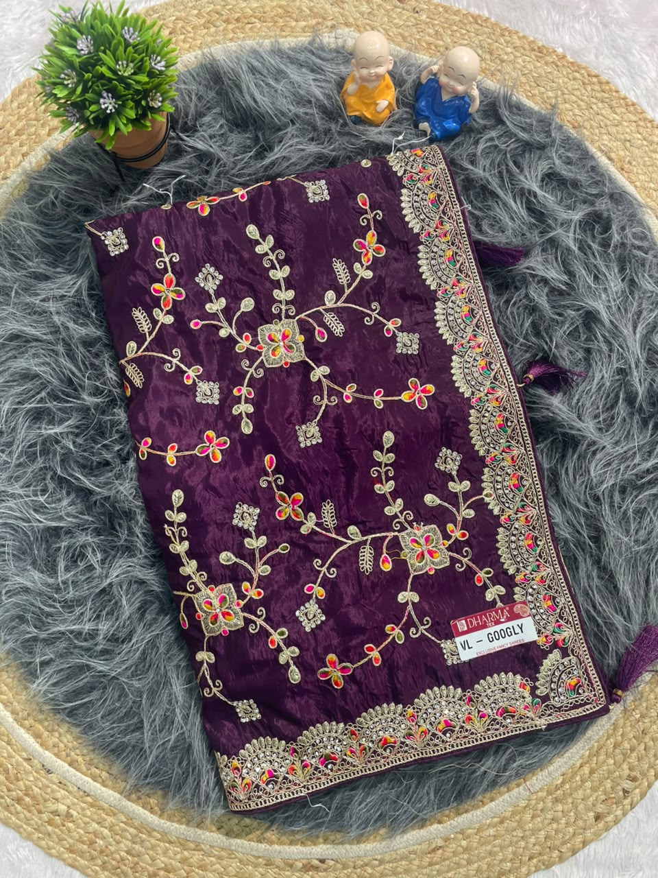 VL-GOOGLY HO SILK FABRIC SAREE WITH HEAVY EMBROIDERY WORK WITH JHAL DESIGN WITH DIAMOND WORK AND HEAVY BLOUSE