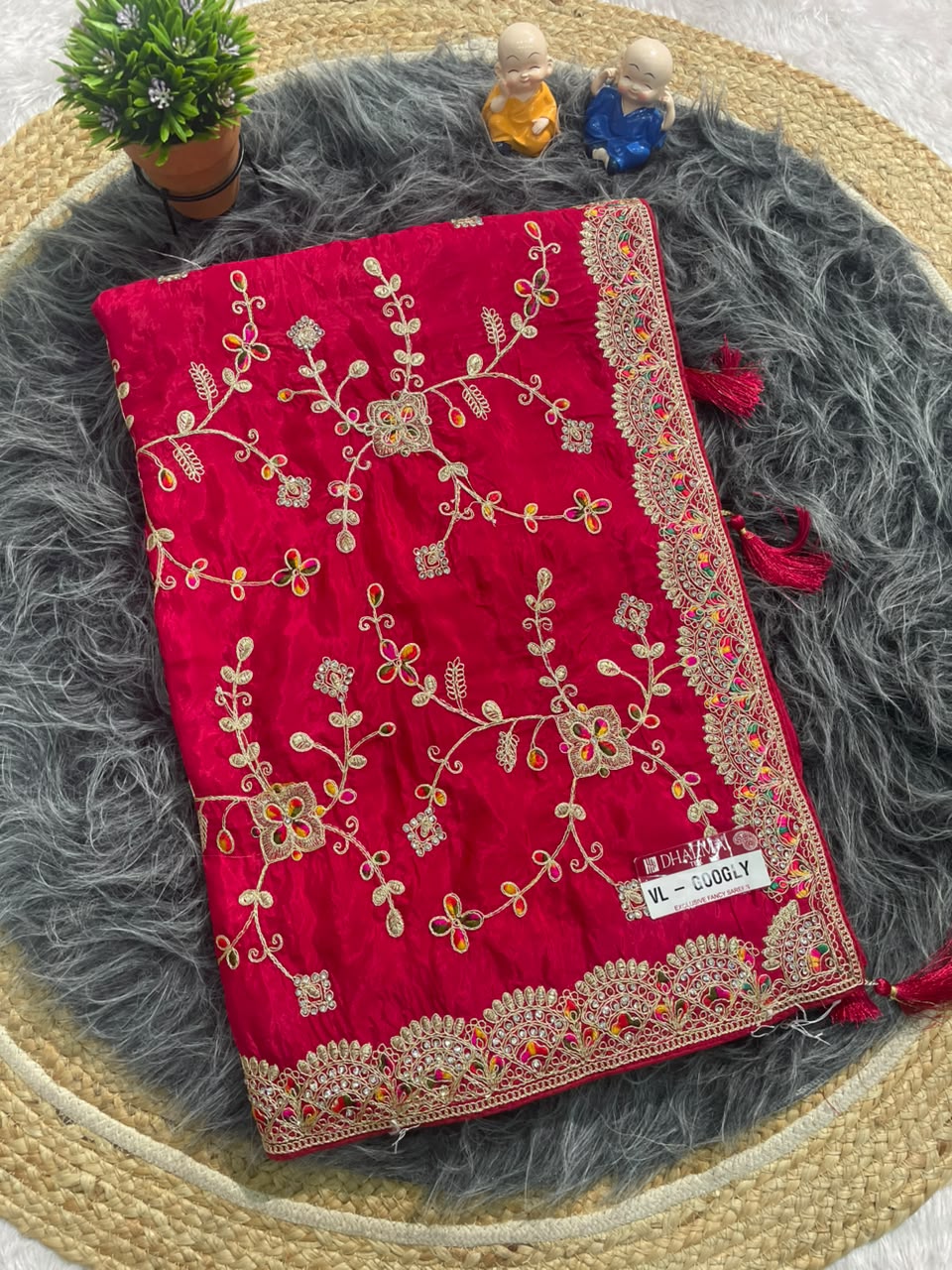 VL-GOOGLY HO SILK FABRIC SAREE WITH HEAVY EMBROIDERY WORK WITH JHAL DESIGN WITH DIAMOND WORK AND HEAVY BLOUSE