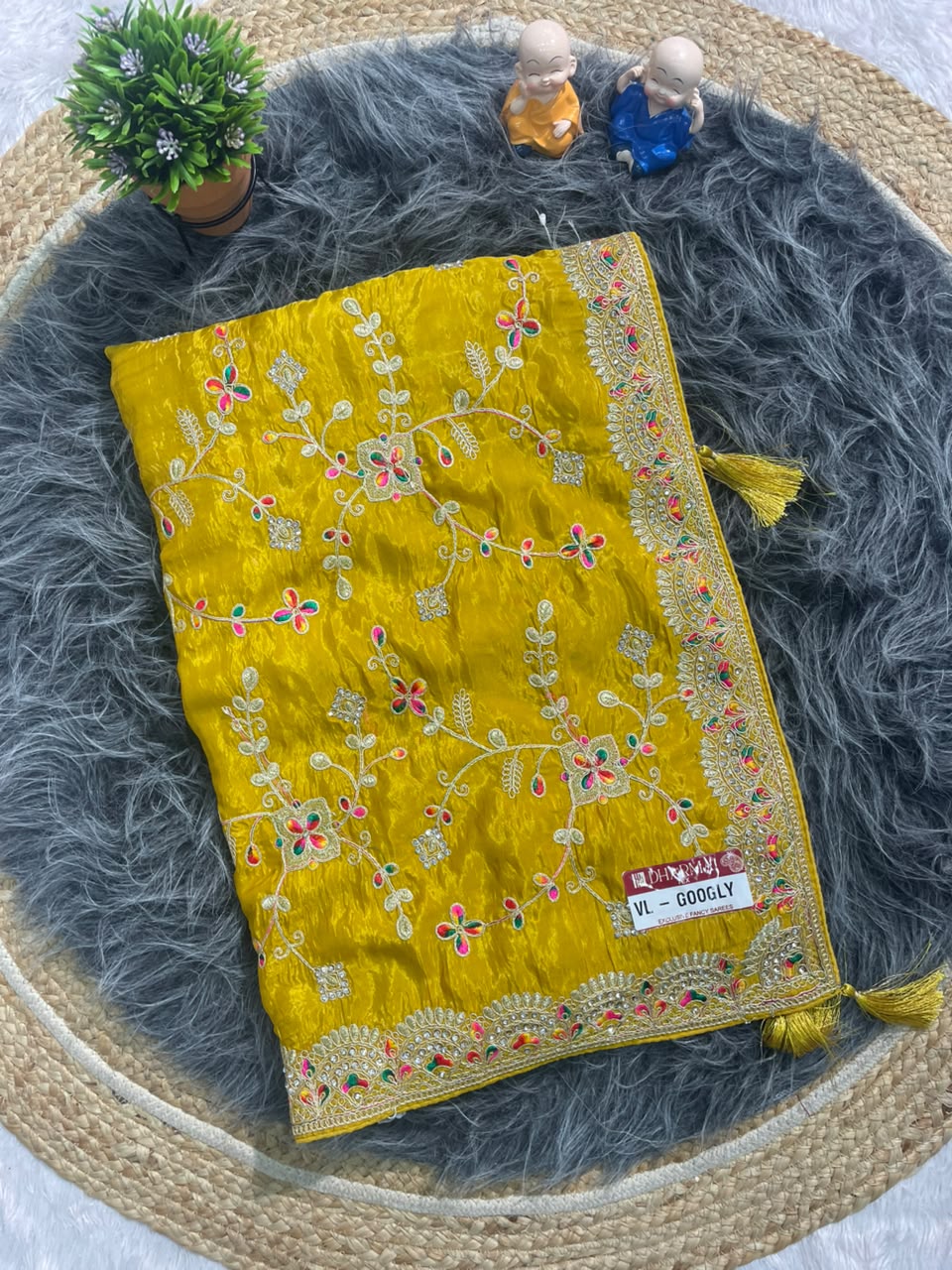 VL-GOOGLY HO SILK FABRIC SAREE WITH HEAVY EMBROIDERY WORK WITH JHAL DESIGN WITH DIAMOND WORK AND HEAVY BLOUSE