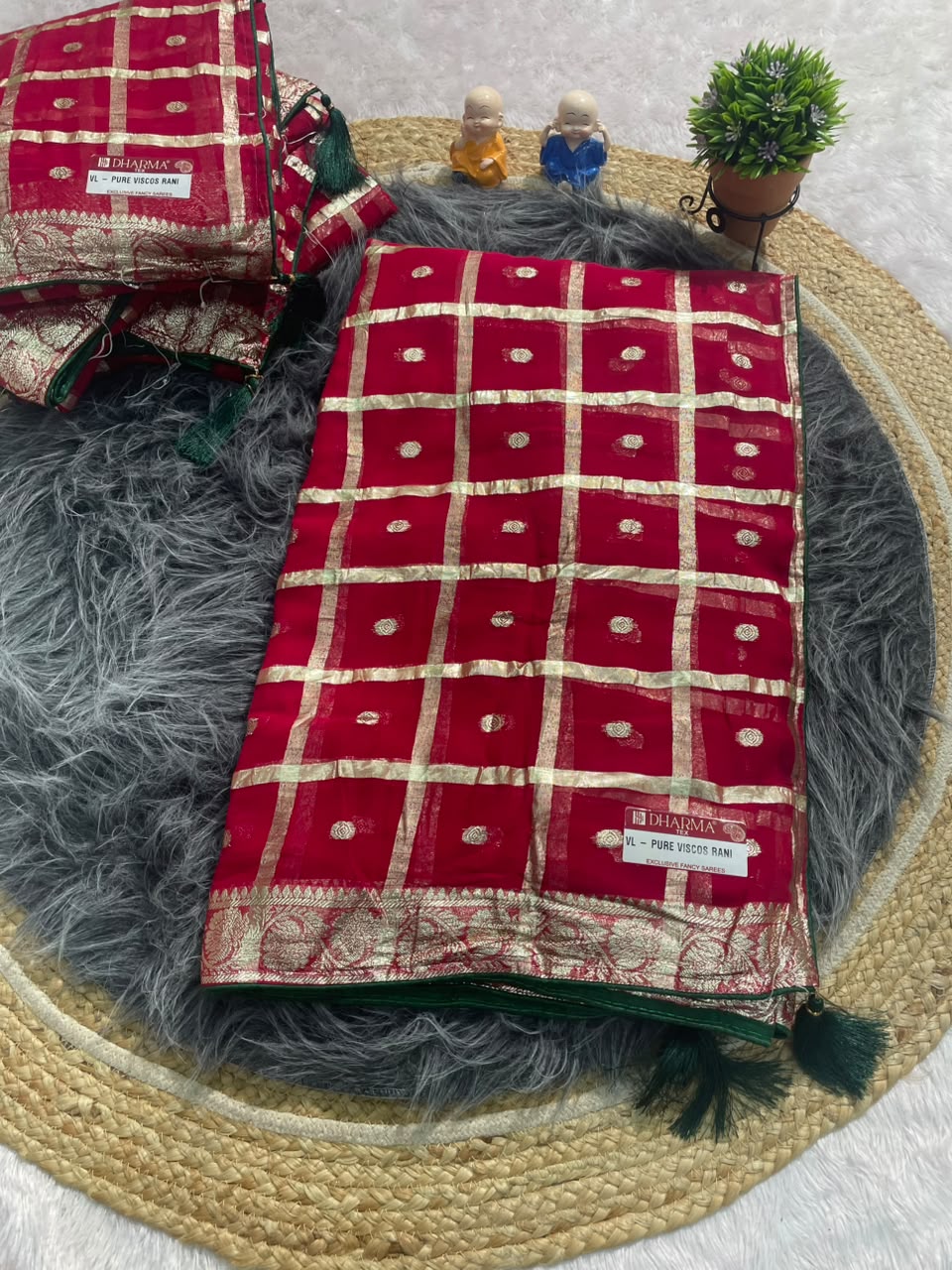 VL-PURE VISCOS RED & RANI VISCOS SAREE WITH GHATCHOLA PATTERN PURE VISCOS SAREE WITH PIPING LATKAN WITH CONTRAST BLOUSE