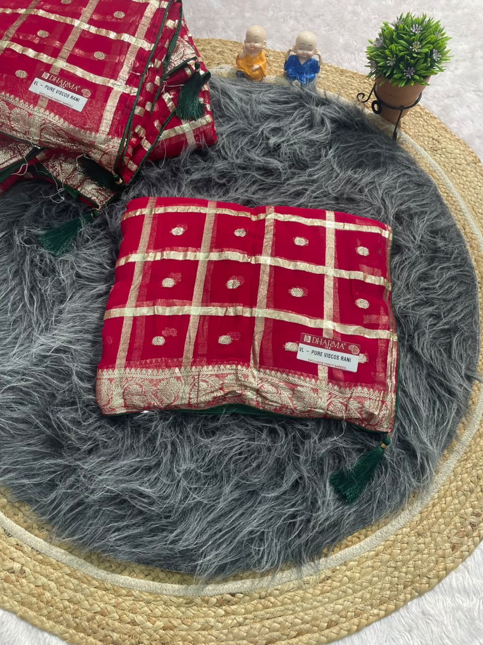 VL-PURE VISCOS RED & RANI VISCOS SAREE WITH GHATCHOLA PATTERN PURE VISCOS SAREE WITH PIPING LATKAN WITH CONTRAST BLOUSE