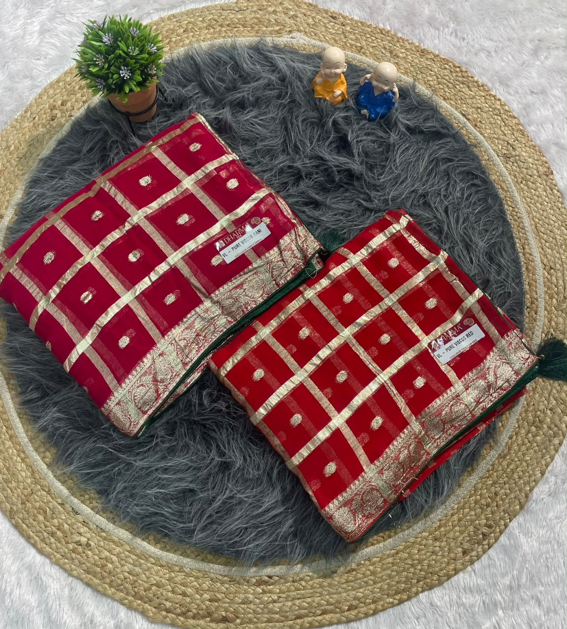 VL-PURE VISCOS RED & RANI VISCOS SAREE WITH GHATCHOLA PATTERN PURE VISCOS SAREE WITH PIPING LATKAN WITH CONTRAST BLOUSE