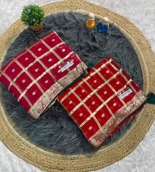 VL-PURE VISCOS RED & RANI VISCOS SAREE WITH GHATCHOLA PATTERN PURE VISCOS SAREE WITH PIPING LATKAN WITH CONTRAST BLOUSE