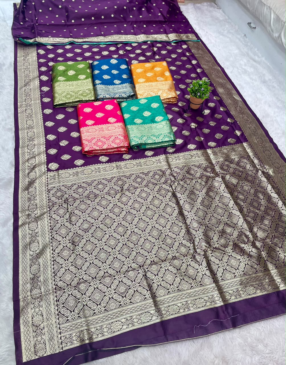 AJ-VASANT SOFT SILK FABRIC SAREE RICH PALLU DESIGN WITH GOLD ZARI BUTTI WORK ALL OVER ON BOY WITH BANARASHI PALLU WITH BLOUSE