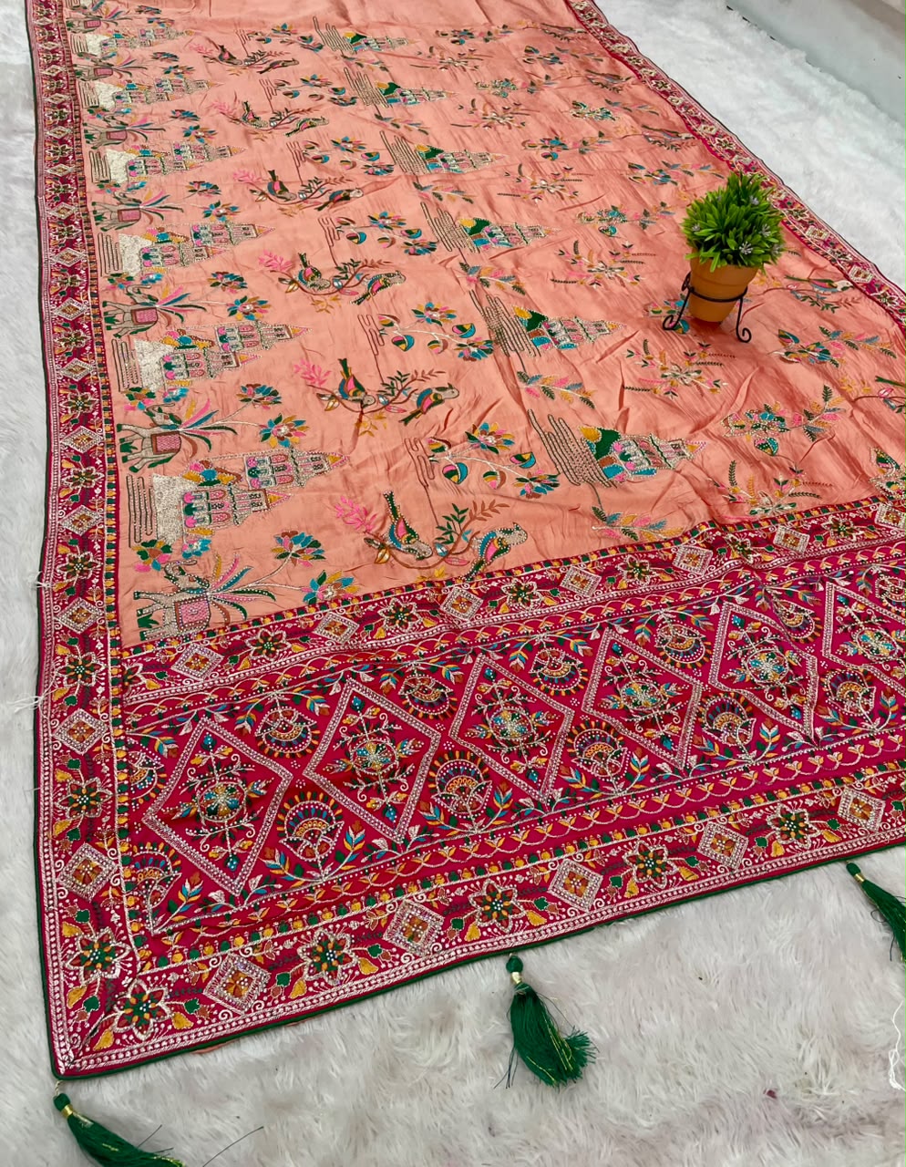 BS-NAVJYOTI-2 KANJIVARAM SILK FABRIC SAREE WITH HEAVY EMBROIDERY WORK WITH BOX PALLU DESIGN WITH THREAD WORK WITH DIAMOND WORK WITH BEAUTIFUL BIRD AND GAJRAJ DESIGN WITH CONTRAST BLOUSE