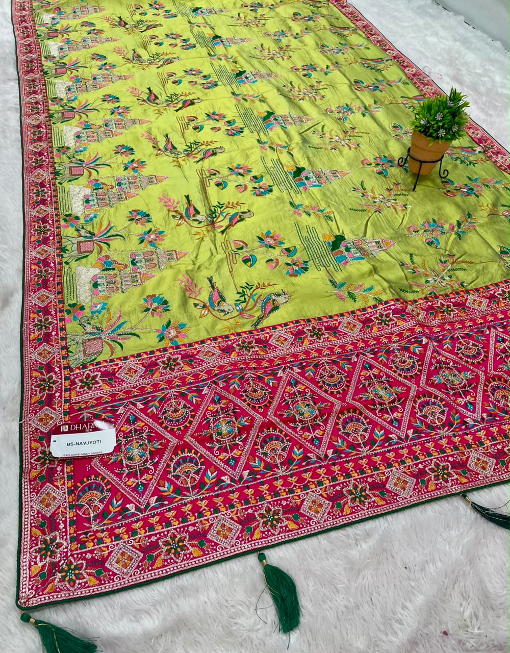 BS-NAVJYOTI-2 KANJIVARAM SILK FABRIC SAREE WITH HEAVY EMBROIDERY WORK WITH BOX PALLU DESIGN WITH THREAD WORK WITH DIAMOND WORK WITH BEAUTIFUL BIRD AND GAJRAJ DESIGN WITH CONTRAST BLOUSE