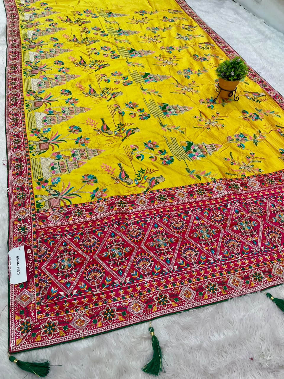 BS-NAVJYOTI-2 KANJIVARAM SILK FABRIC SAREE WITH HEAVY EMBROIDERY WORK WITH BOX PALLU DESIGN WITH THREAD WORK WITH DIAMOND WORK WITH BEAUTIFUL BIRD AND GAJRAJ DESIGN WITH CONTRAST BLOUSE
