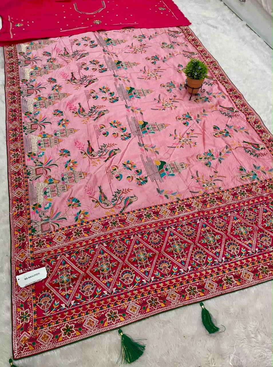 BS-NAVJYOTI-2 KANJIVARAM SILK FABRIC SAREE WITH HEAVY EMBROIDERY WORK WITH BOX PALLU DESIGN WITH THREAD WORK WITH DIAMOND WORK WITH BEAUTIFUL BIRD AND GAJRAJ DESIGN WITH CONTRAST BLOUSE