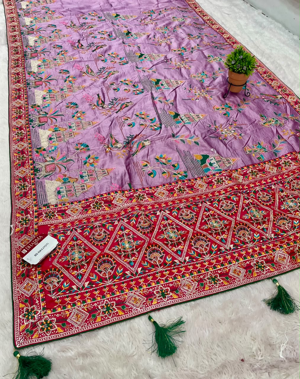 BS-NAVJYOTI-2 KANJIVARAM SILK FABRIC SAREE WITH HEAVY EMBROIDERY WORK WITH BOX PALLU DESIGN WITH THREAD WORK WITH DIAMOND WORK WITH BEAUTIFUL BIRD AND GAJRAJ DESIGN WITH CONTRAST BLOUSE