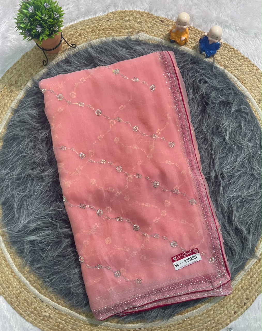 VL-AADESH FANCY FABRIC SAREE WITH BEAUTIFUL DESIGN WITH BEADS WORK WITH SEQUENCE WORK WITH BLOUSE