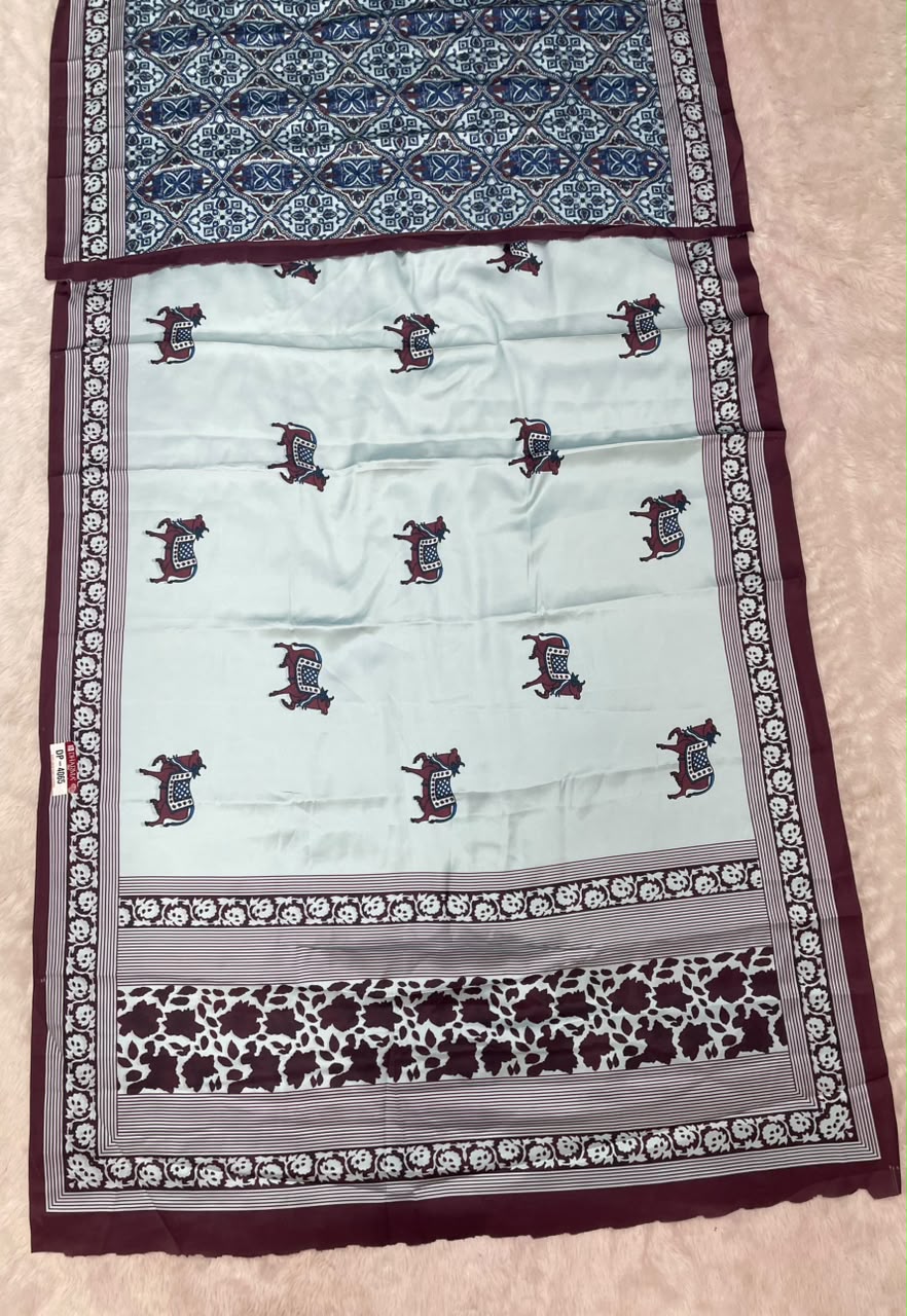 DP-4065  FANCY HANDLOOM SATIN SAREE WITH BLOCK PRINT WITH BEAUTIFUL DESIGN AND AJRAK MODEL SILK
