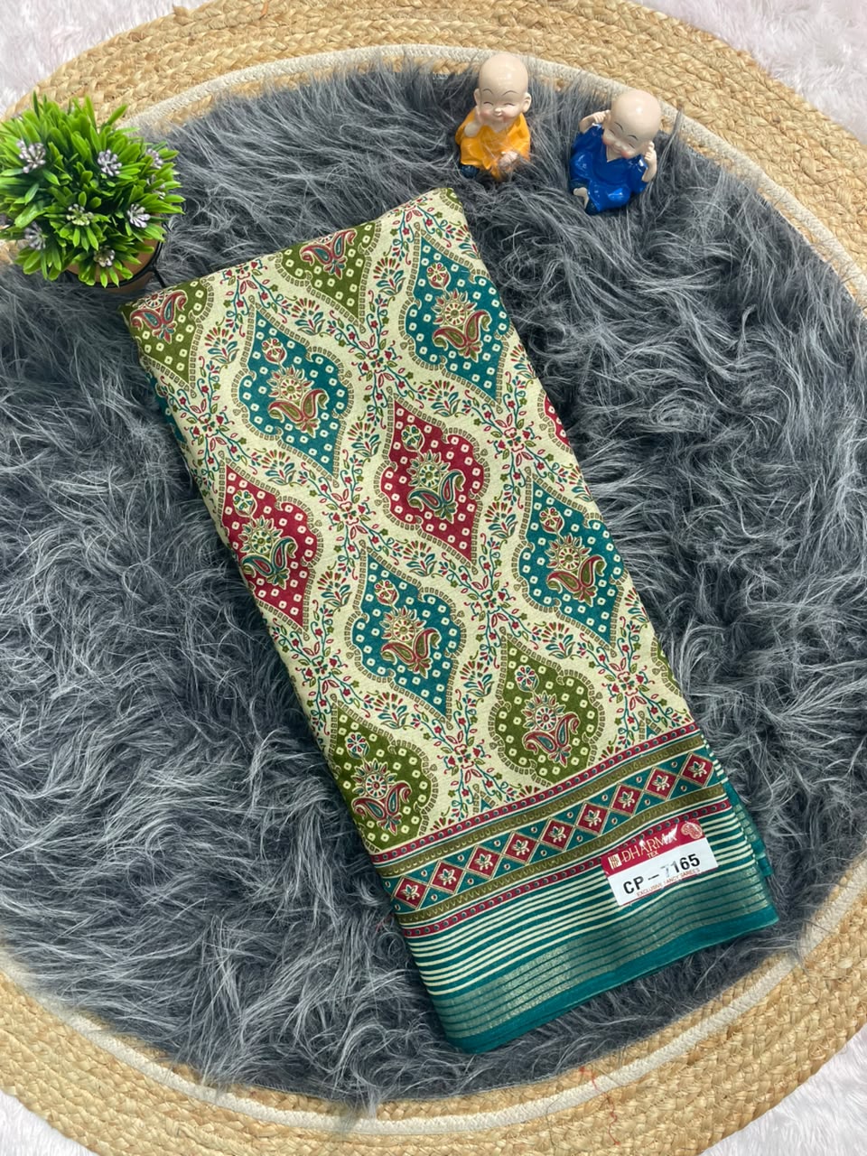 CP-7165 LINEN COTTON FABRIC SAREE WITH RICH PALLU DESIGN WITH BEAUTIFUL PRINT ALL OVER ON SAREE WITH BLOUSE