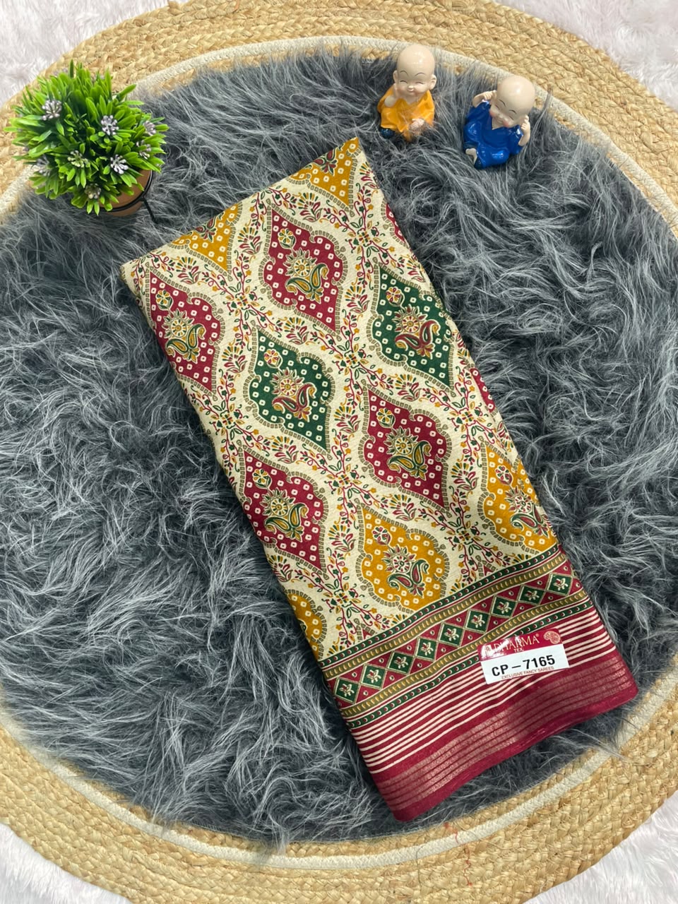 CP-7165 LINEN COTTON FABRIC SAREE WITH RICH PALLU DESIGN WITH BEAUTIFUL PRINT ALL OVER ON SAREE WITH BLOUSE