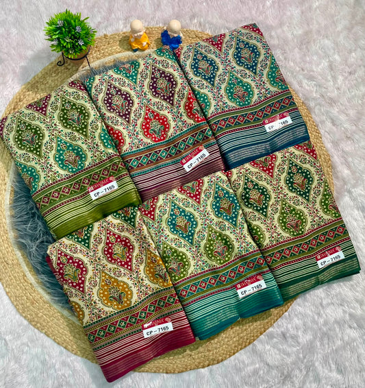 CP-7165 LINEN COTTON FABRIC SAREE WITH RICH PALLU DESIGN WITH BEAUTIFUL PRINT ALL OVER ON SAREE WITH BLOUSE