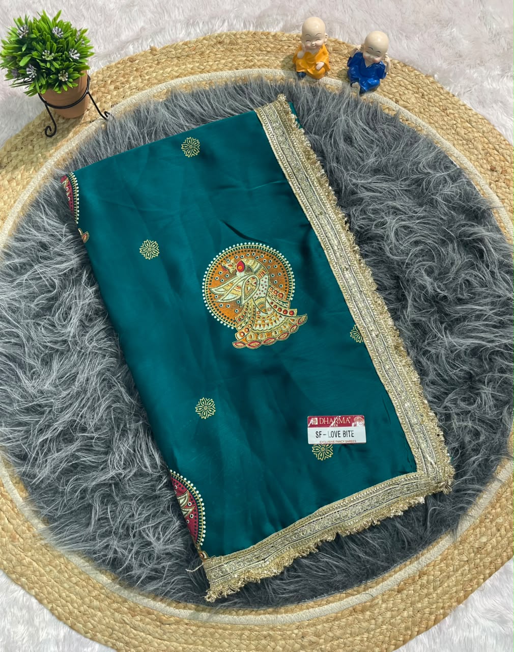 SF-LOVE BITE FENDI FABRIC SAREE WITH BEAUTIFUL DESIGN WITH PEACOCK PRINT ON SAREE WITH BEAUTIFUL LACE WITH BANDHNI BLOUSE