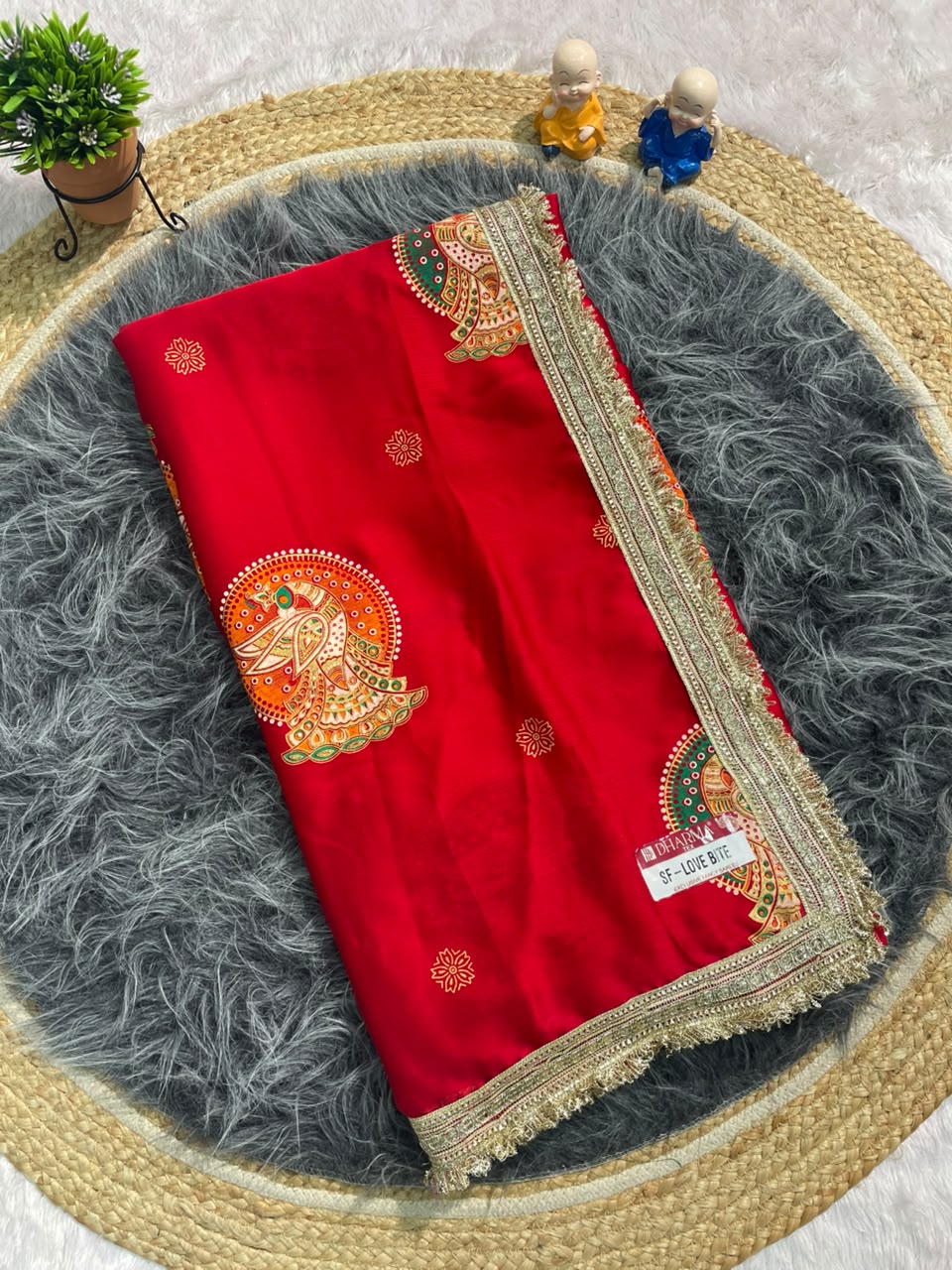 SF-LOVE BITE FENDI FABRIC SAREE WITH BEAUTIFUL DESIGN WITH PEACOCK PRINT ON SAREE WITH BEAUTIFUL LACE WITH BANDHNI BLOUSE