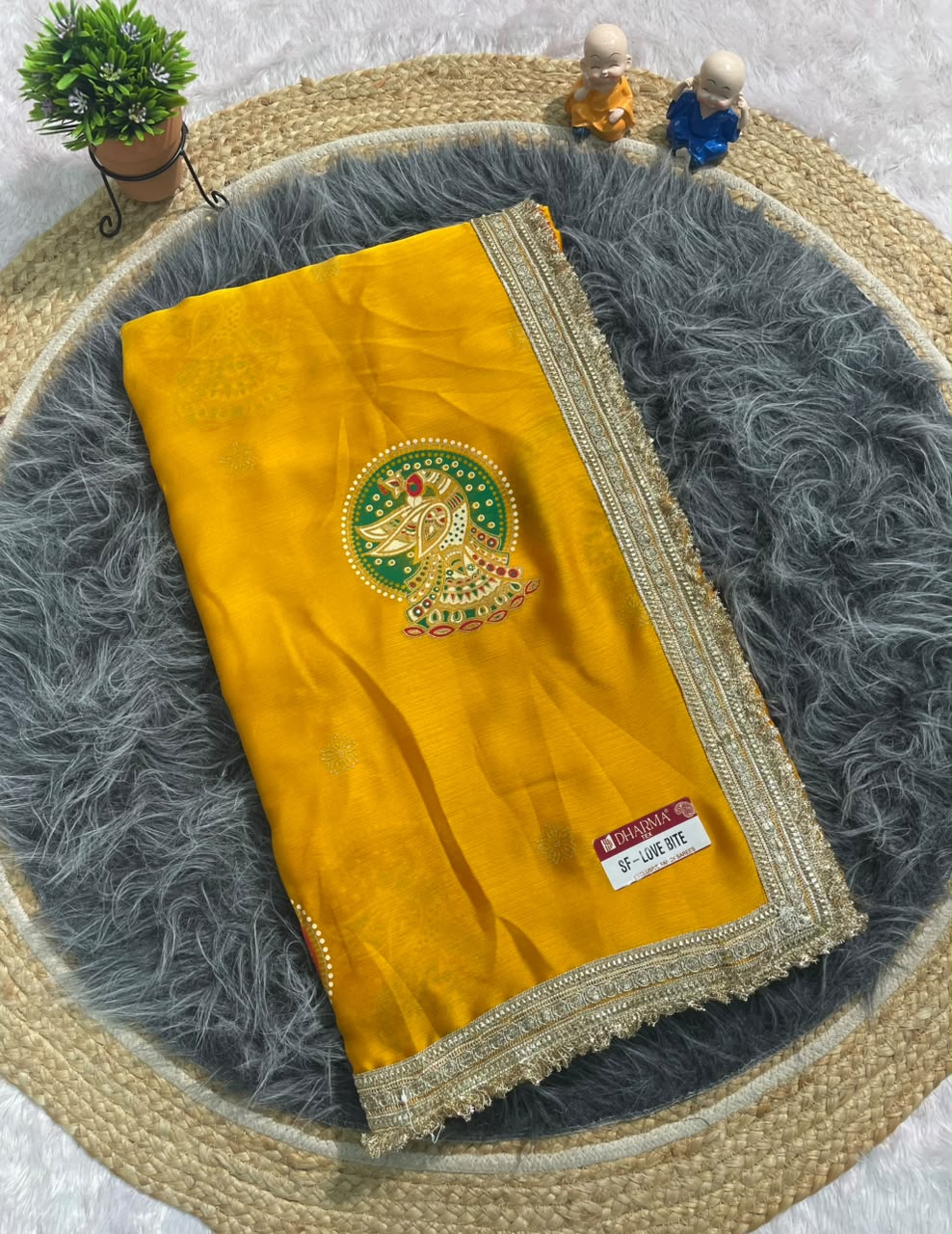 SF-LOVE BITE FENDI FABRIC SAREE WITH BEAUTIFUL DESIGN WITH PEACOCK PRINT ON SAREE WITH BEAUTIFUL LACE WITH BANDHNI BLOUSE
