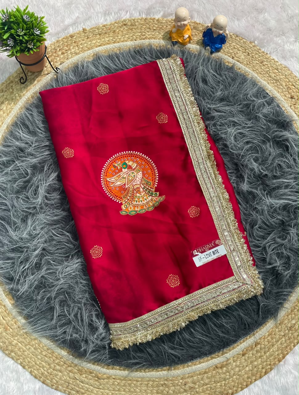 SF-LOVE BITE FENDI FABRIC SAREE WITH BEAUTIFUL DESIGN WITH PEACOCK PRINT ON SAREE WITH BEAUTIFUL LACE WITH BANDHNI BLOUSE