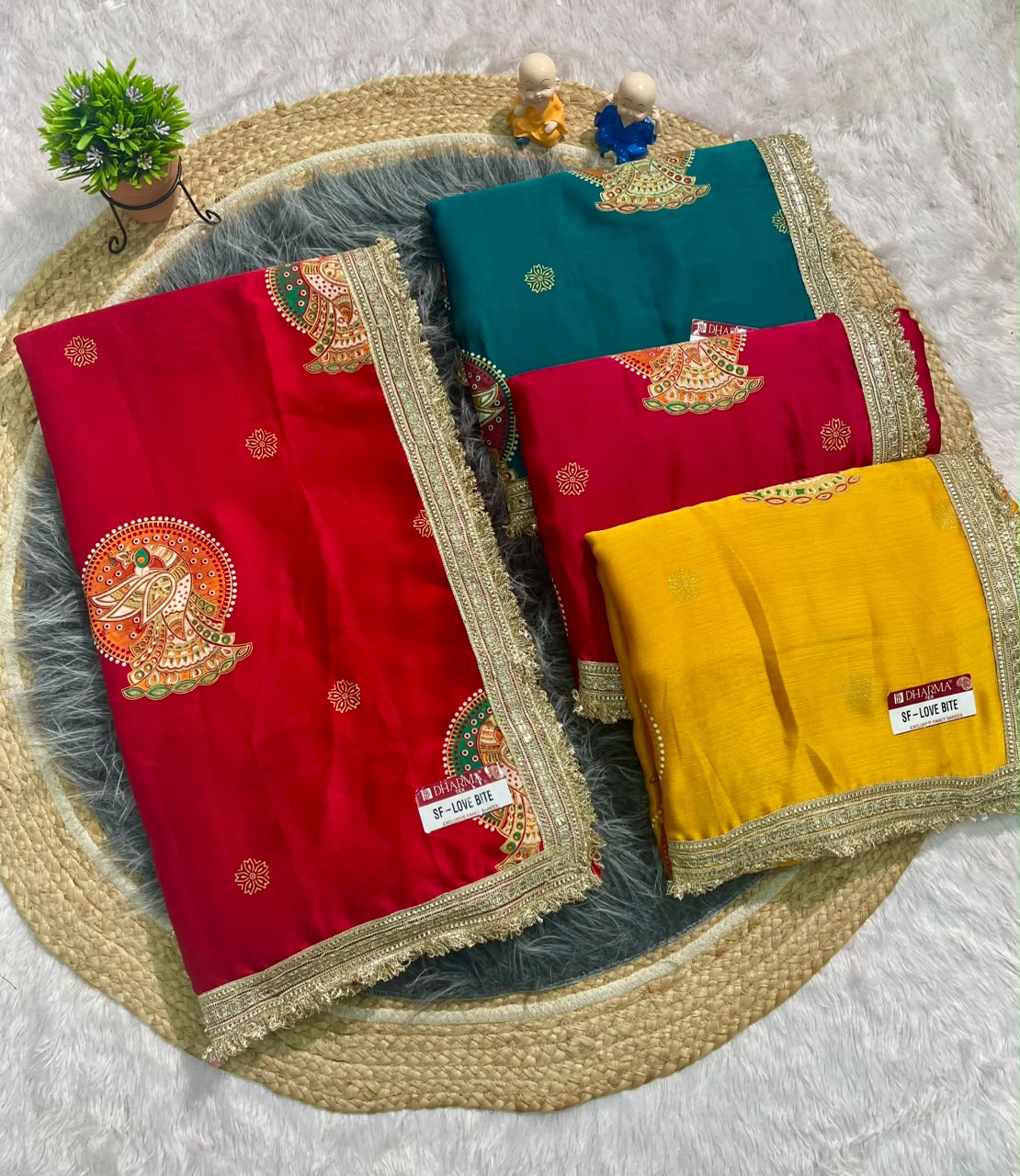 SF-LOVE BITE FENDI FABRIC SAREE WITH BEAUTIFUL DESIGN WITH PEACOCK PRINT ON SAREE WITH BEAUTIFUL LACE WITH BANDHNI BLOUSE