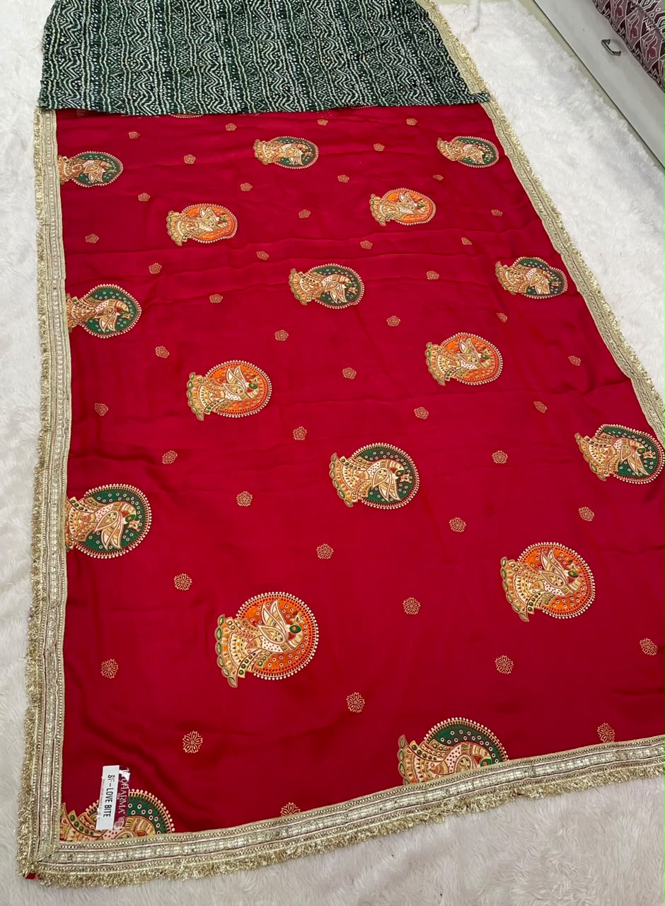 SF-LOVE BITE FENDI FABRIC SAREE WITH BEAUTIFUL DESIGN WITH PEACOCK PRINT ON SAREE WITH BEAUTIFUL LACE WITH BANDHNI BLOUSE