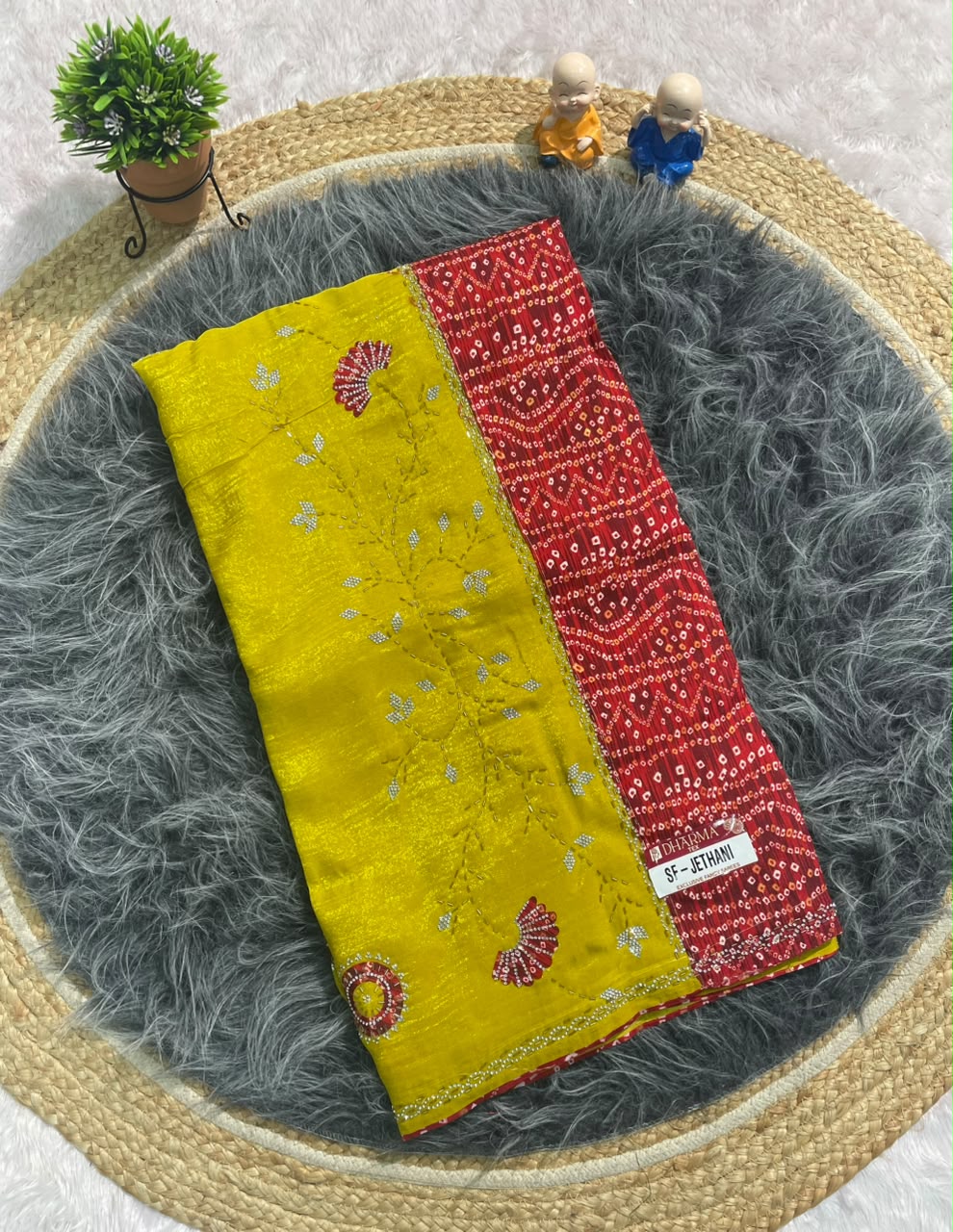 SF-JETHANI CRUNCHY FABRIC SAREE WITH BEAUTIFUL BANDHANI DESIGN WITH HANDWORK WITH JARKAN WORK WITH BANDHANI BLOUSE