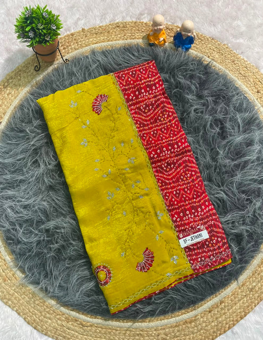 SF-JETHANI CRUNCHY FABRIC SAREE WITH BEAUTIFUL BANDHANI DESIGN WITH HANDWORK WITH JARKAN WORK WITH BANDHANI BLOUSE