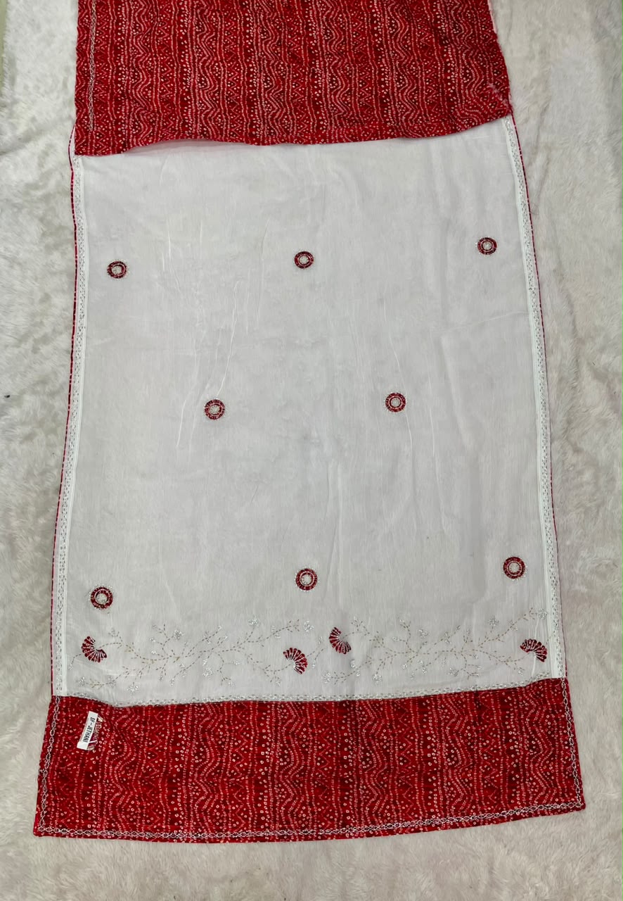 SF-JETHANI CRUNCHY FABRIC SAREE WITH BEAUTIFUL BANDHANI DESIGN WITH HANDWORK WITH JARKAN WORK WITH BANDHANI BLOUSE