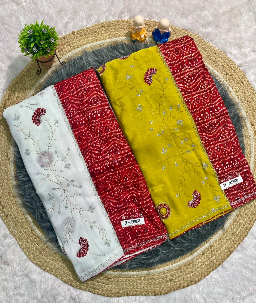 SF-JETHANI CRUNCHY FABRIC SAREE WITH BEAUTIFUL BANDHANI DESIGN WITH HANDWORK WITH JARKAN WORK WITH BANDHANI BLOUSE