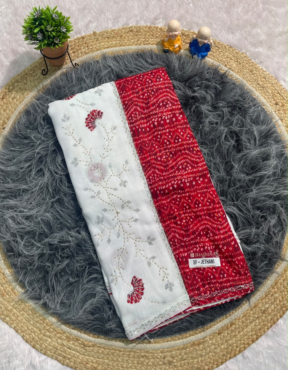 SF-JETHANI CRUNCHY FABRIC SAREE WITH BEAUTIFUL BANDHANI DESIGN WITH HANDWORK WITH JARKAN WORK WITH BANDHANI BLOUSE