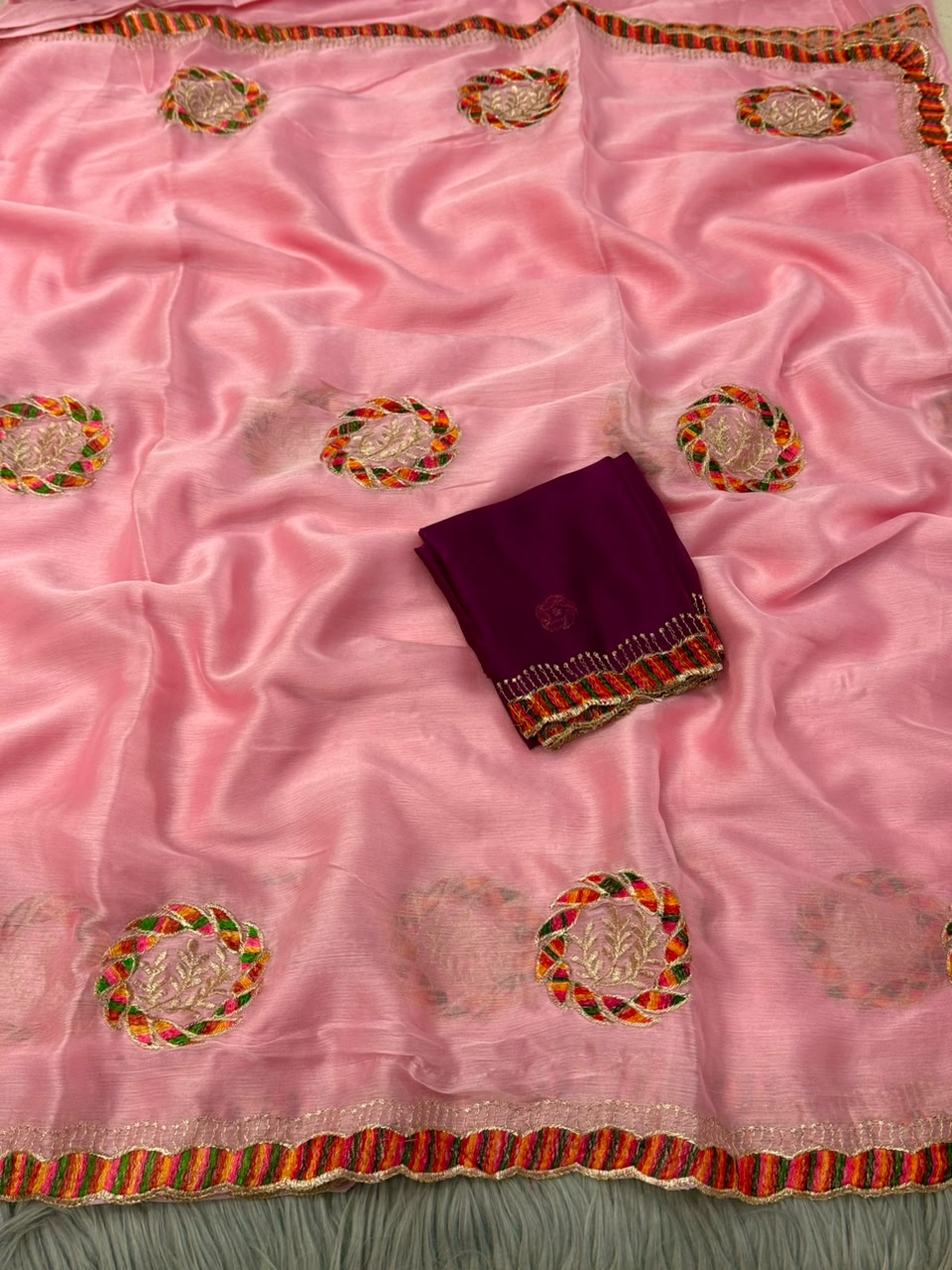 NN-2174 CHIFFON FABRIC SAREE WITH THREAD WORK WITH BEAUTIFUL C-PALLU WORK WITH HEAVY BUTTA WORK ALL OVER ON SAREE WITH CONTRAST WORK BLOUSE