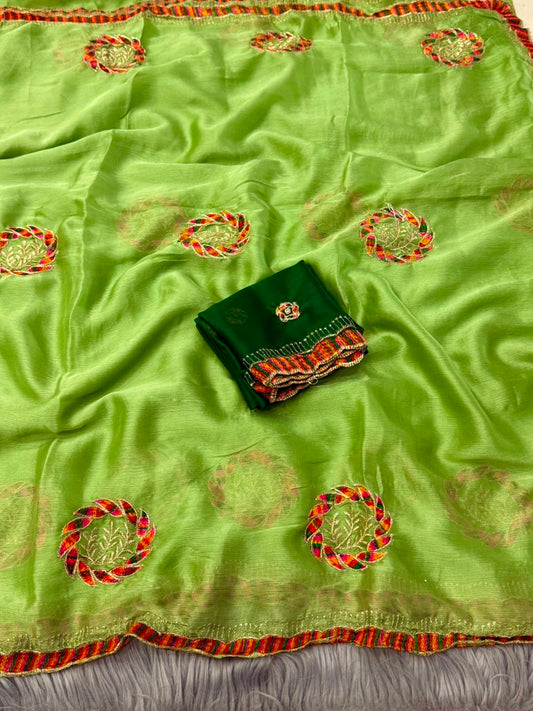 NN-2174 CHIFFON FABRIC SAREE WITH THREAD WORK WITH BEAUTIFUL C-PALLU WORK WITH HEAVY BUTTA WORK ALL OVER ON SAREE WITH CONTRAST WORK BLOUSE