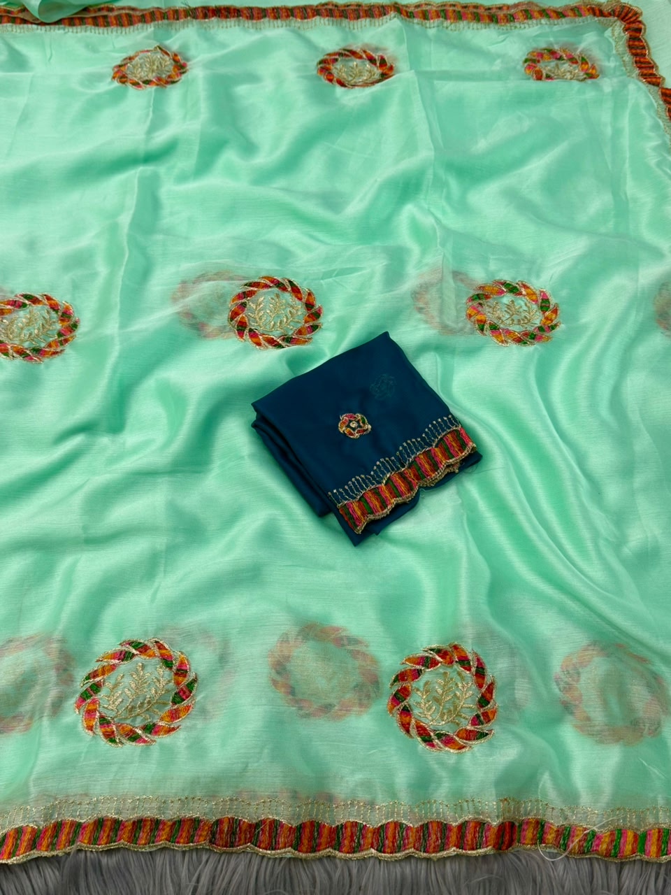 NN-2174 CHIFFON FABRIC SAREE WITH THREAD WORK WITH BEAUTIFUL C-PALLU WORK WITH HEAVY BUTTA WORK ALL OVER ON SAREE WITH CONTRAST WORK BLOUSE
