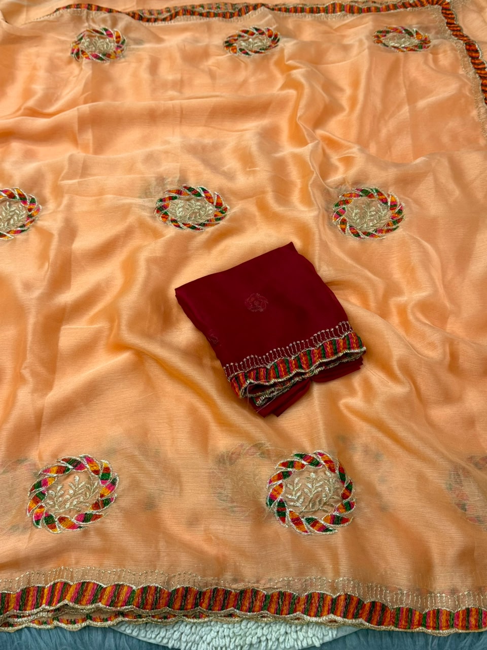 NN-2174 CHIFFON FABRIC SAREE WITH THREAD WORK WITH BEAUTIFUL C-PALLU WORK WITH HEAVY BUTTA WORK ALL OVER ON SAREE WITH CONTRAST WORK BLOUSE