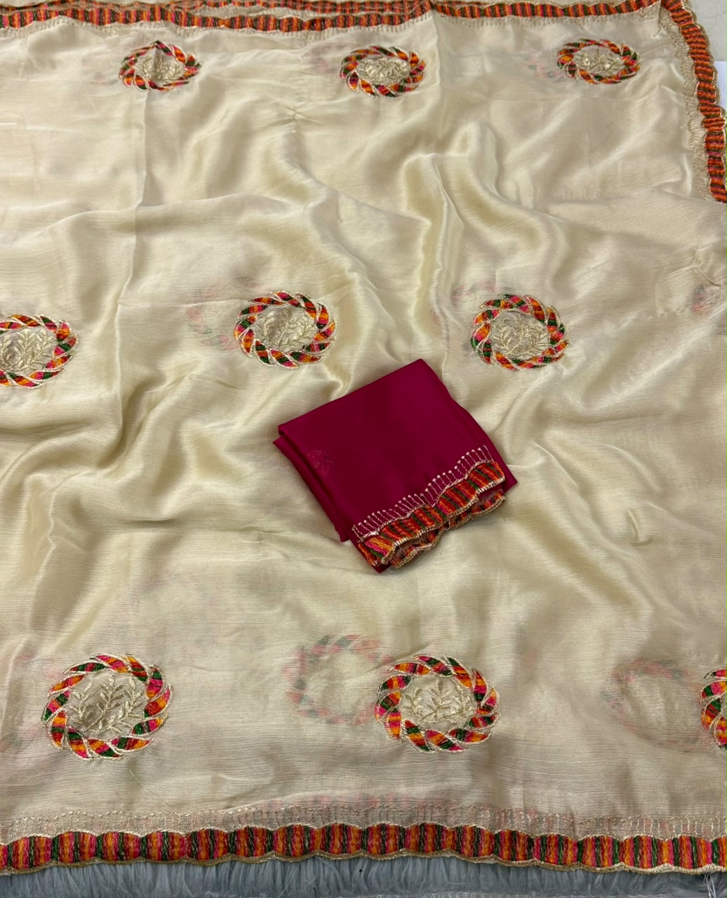 NN-2174 CHIFFON FABRIC SAREE WITH THREAD WORK WITH BEAUTIFUL C-PALLU WORK WITH HEAVY BUTTA WORK ALL OVER ON SAREE WITH CONTRAST WORK BLOUSE