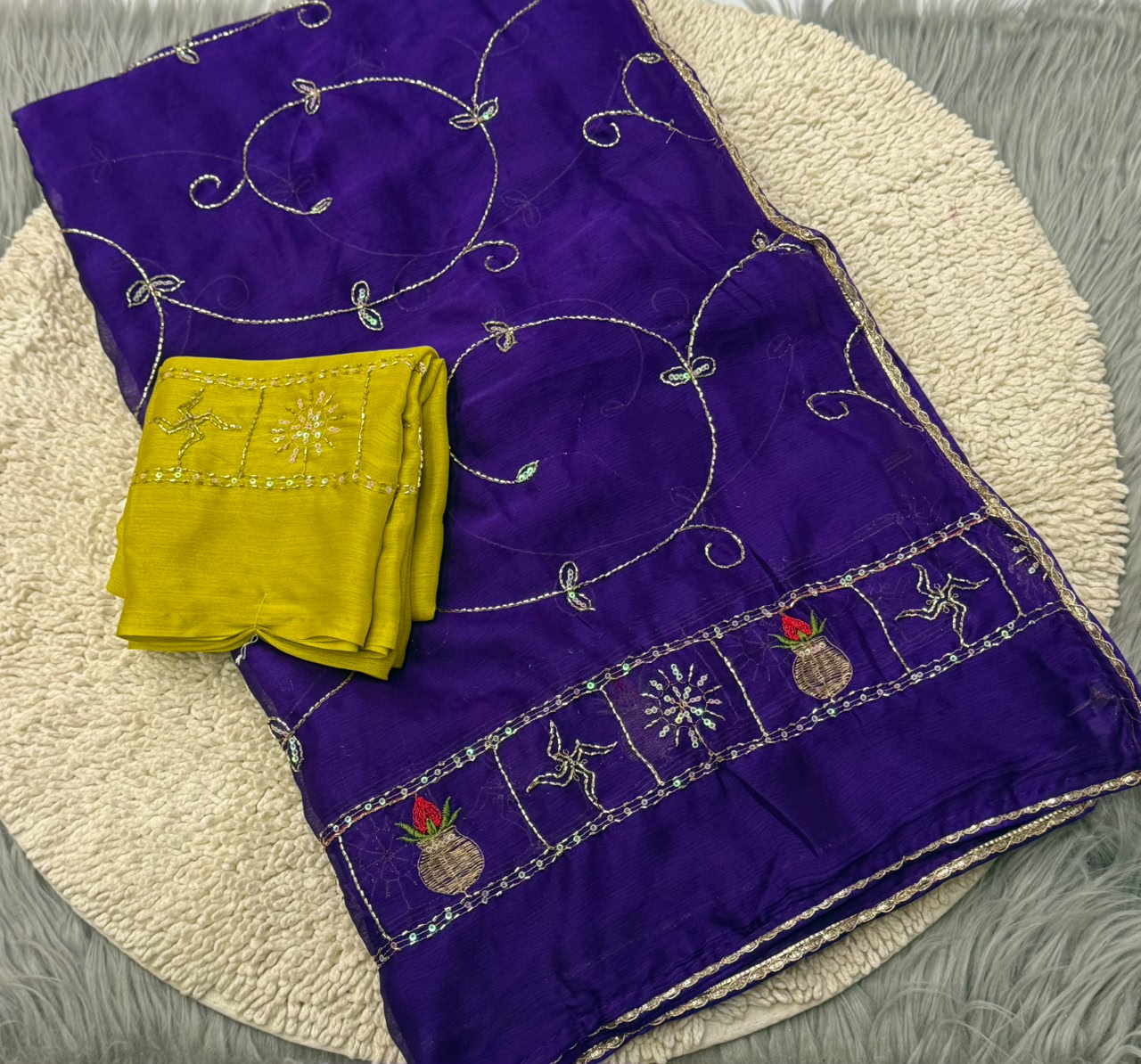 NN-2175 MOSS CHIFFON FABRIC SAREE WITH BEAUTIFUL HANDWORK SAREE WITH HEAVY BORDER WORK ON IT CONTRAST WORK BLOUSE