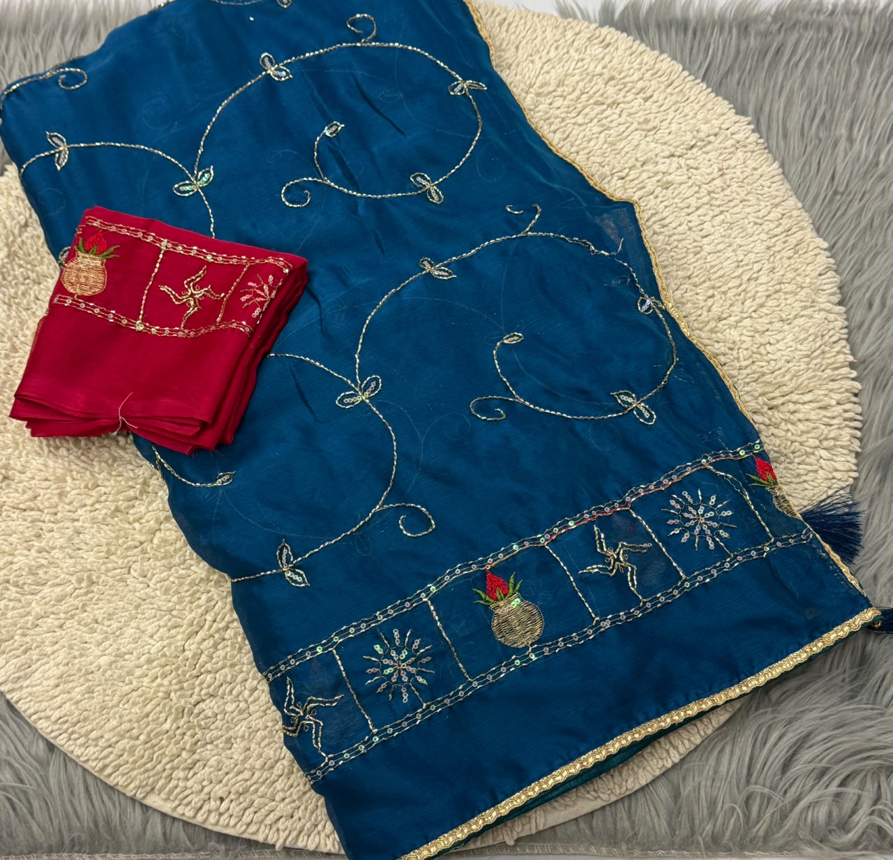 NN-2175 MOSS CHIFFON FABRIC SAREE WITH BEAUTIFUL HANDWORK SAREE WITH HEAVY BORDER WORK ON IT CONTRAST WORK BLOUSE