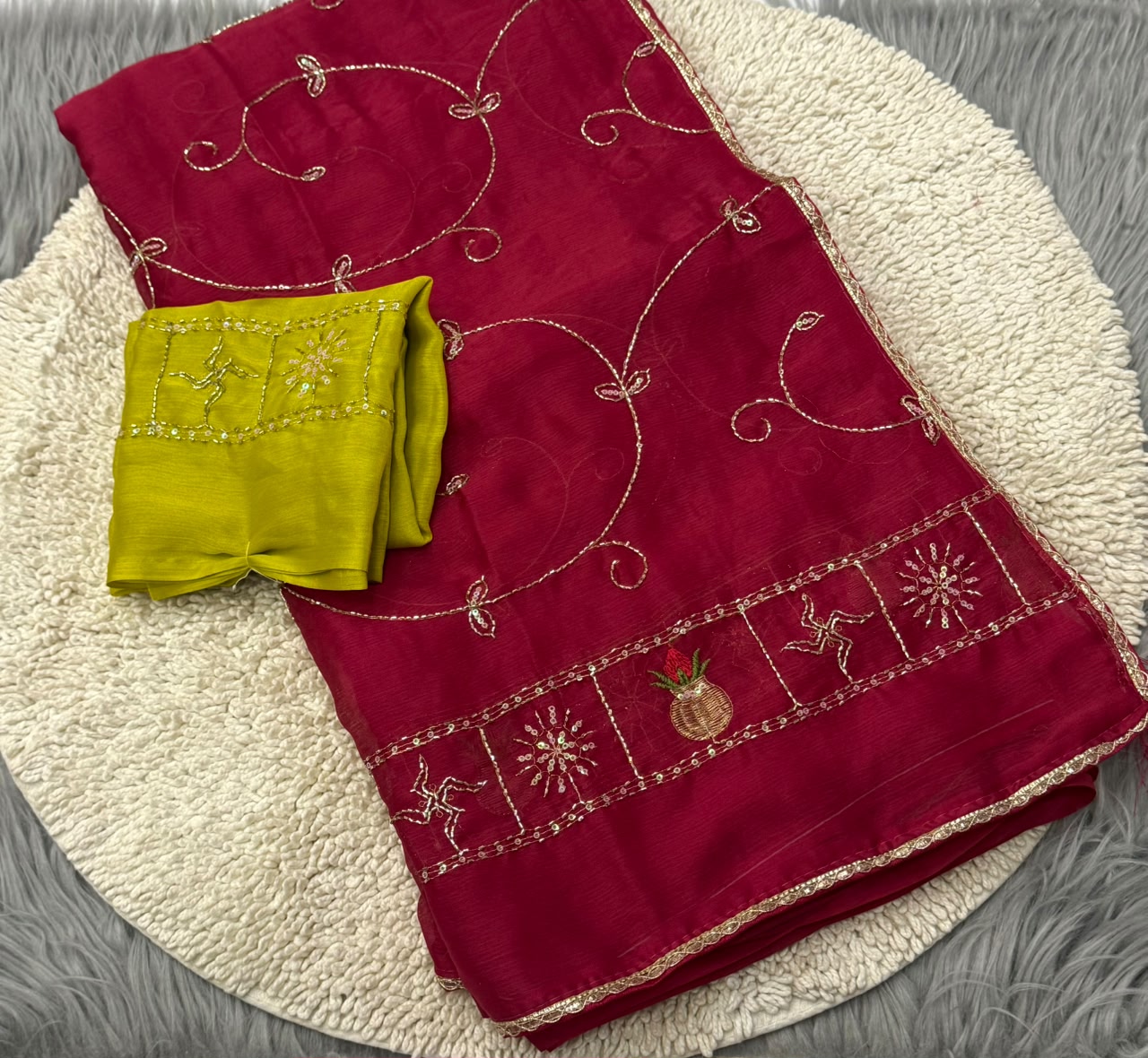 NN-2175 MOSS CHIFFON FABRIC SAREE WITH BEAUTIFUL HANDWORK SAREE WITH HEAVY BORDER WORK ON IT CONTRAST WORK BLOUSE