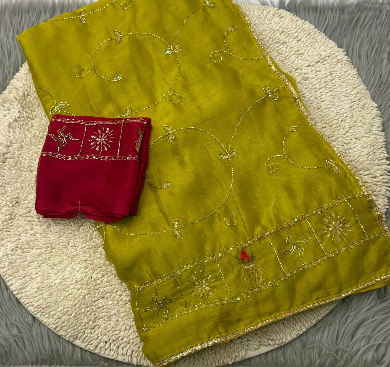 NN-2175 MOSS CHIFFON FABRIC SAREE WITH BEAUTIFUL HANDWORK SAREE WITH HEAVY BORDER WORK ON IT CONTRAST WORK BLOUSE