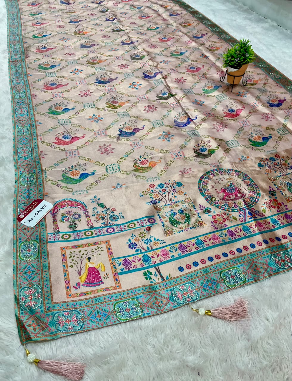 AJ-SALVIA SOFT SILK SAREE WITH BEAUTIFUL PEACOCK DESIGN ALL OVER BODY WITH JARKAN WORK WITH TASSELS AND PRINTED BLOUSE